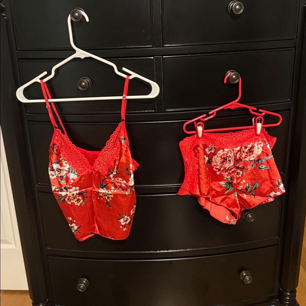 Floral Red Satin Camisole and Shorts Set NWOT